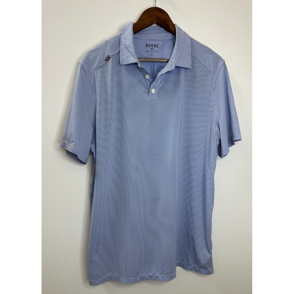 Rhone Commuter Blue Sport Polo Mens Size Large Micro Check Performance Shirt - Picture 2 of 8